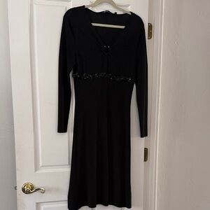 Black Long Sleeve V-Neck Dress with Embellished Waist